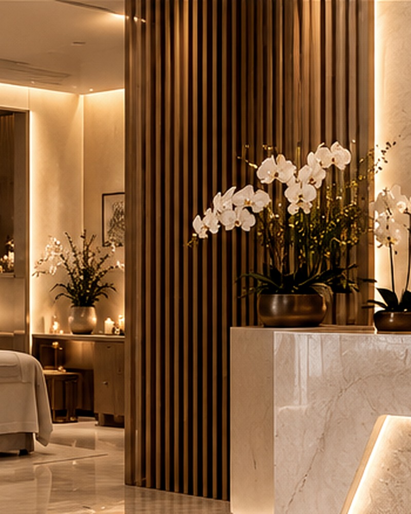 Concept imagery of a serene luxury treatment and reception space with warm wood, orchids and stone accents